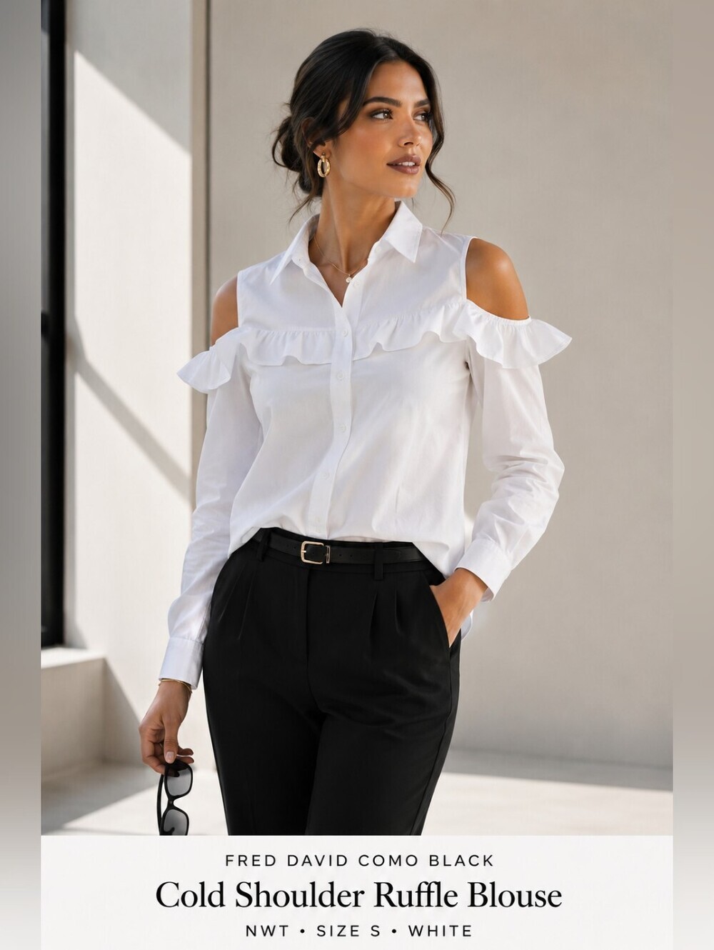 Fred David Como Black White Cold Shoulder Ruffle Blouse NWT S